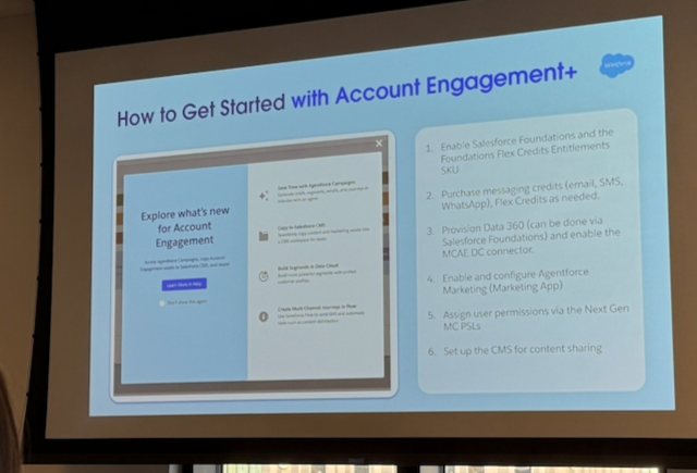 Presenter at the Austin Salesforce demo showing a slide comparing Incremental and Accelerated adoption strategies for MCE+, with rows for MCE access, Data 360 setup, sending configuration, consent models, content recreation, and scripting.